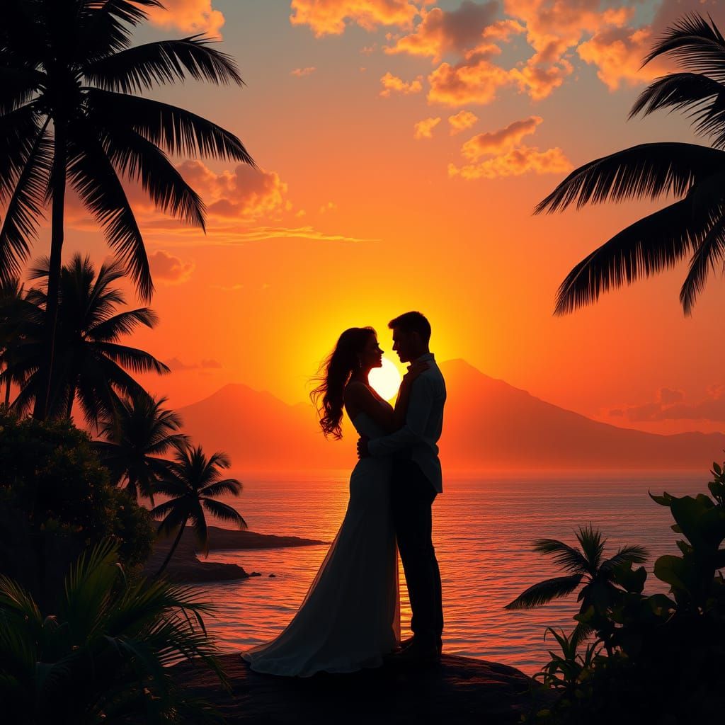 Romantic Couple Silhouetted Against Sunset on Tropical Islan...