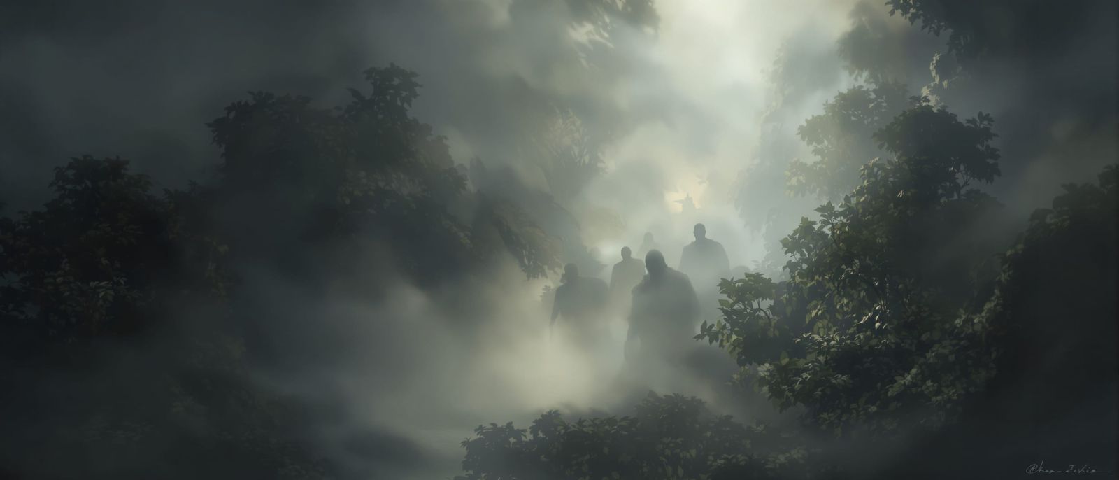 Mythological Gods Emerge from Fog in Primeval Forest