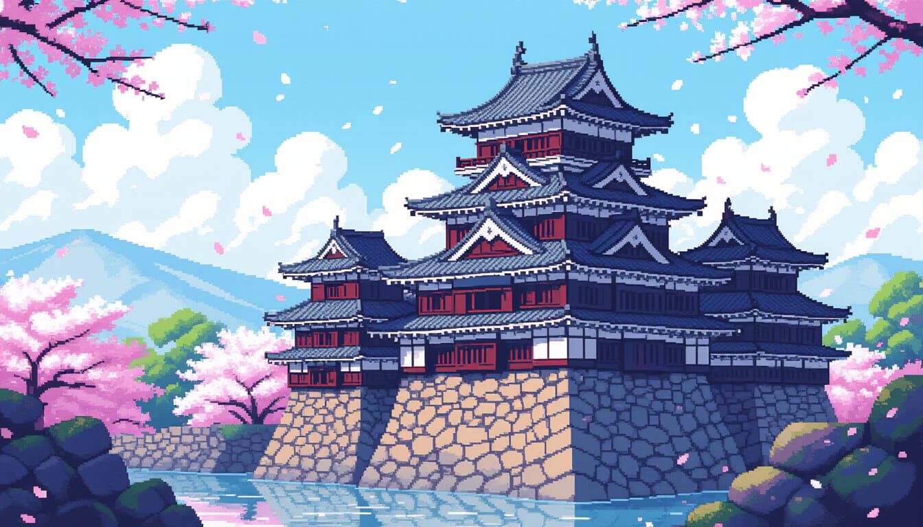 Detailed Pixel Art Kumamoto Castle in 16-Bit Style