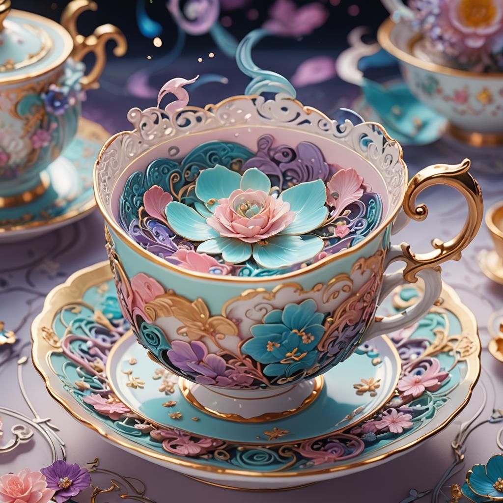 Miniature Anime World Inside Teacup: 3D Art