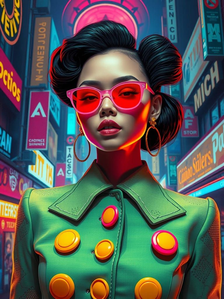 Neon Fashionista in Surreal Cityscape, Inspired by Pop Art a...