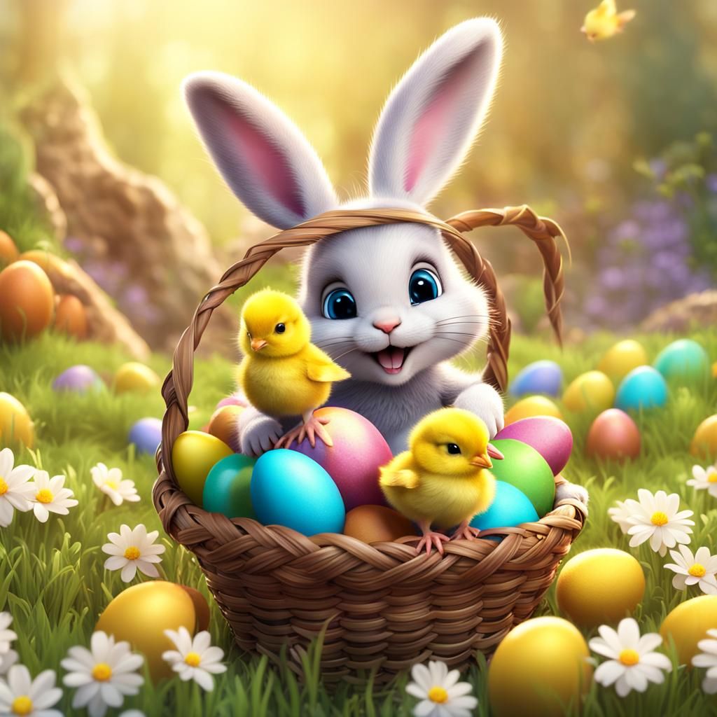 Cute Easter Bunny With Basket of Colorful Eggs