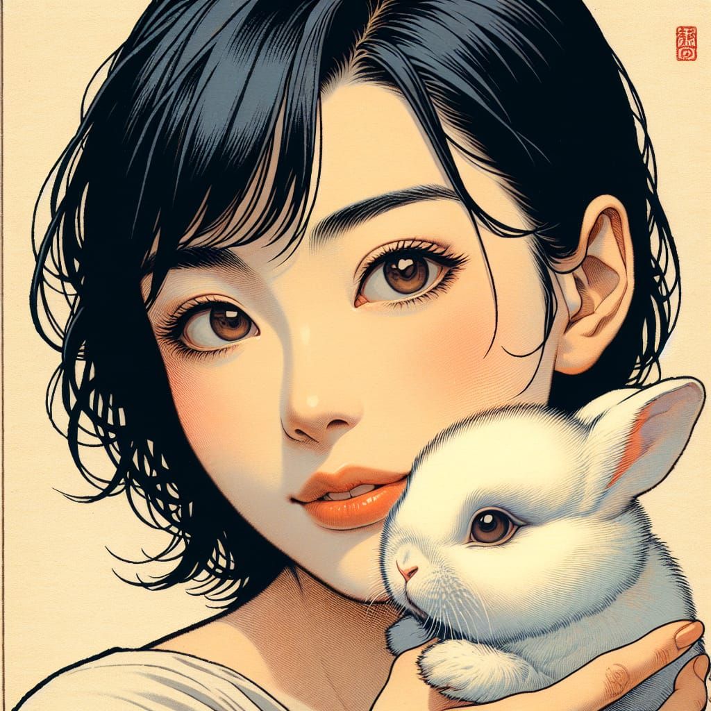 Thai Woman Comforting Rabbit in Vintage Manga Style