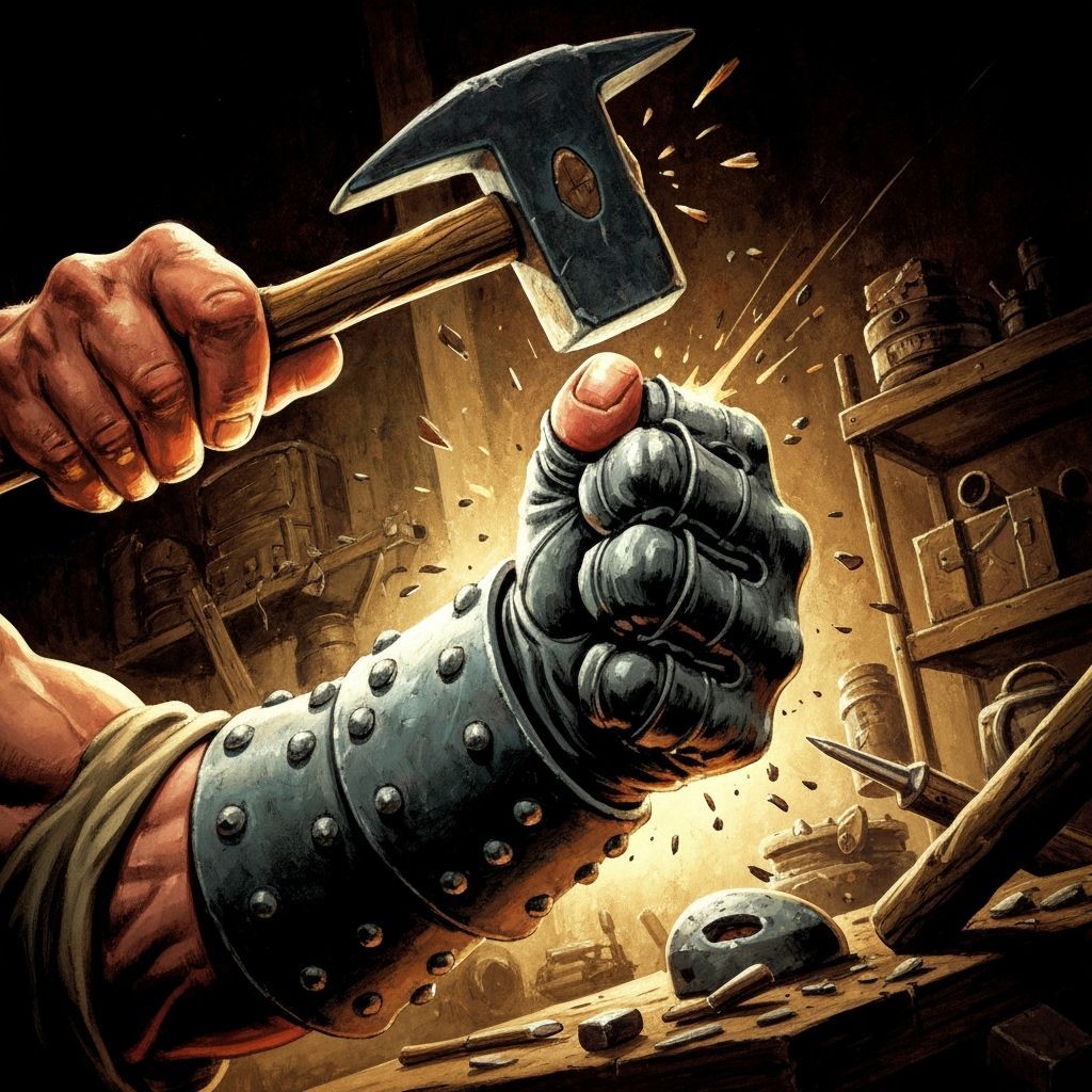 Hammer Strikes Thumb in Chaotic Workshop, Frazetta-Inspired ...