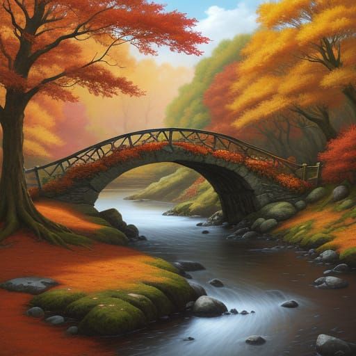 Fantasy Bracken Bridge in Autumn Landscape