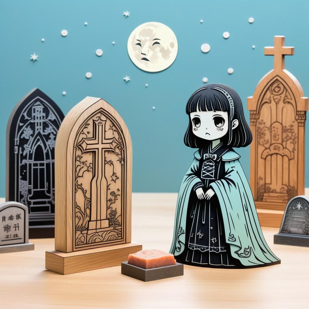 Kawaii Vampire in Graveyard: Gothic Woodcut in Pastel