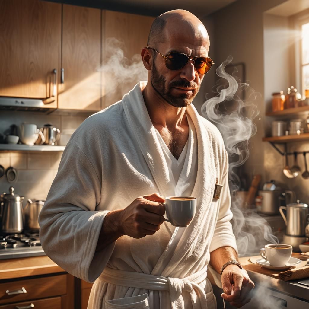 Bald Man with Coffee in Sunlit Kitchen: Digital Art