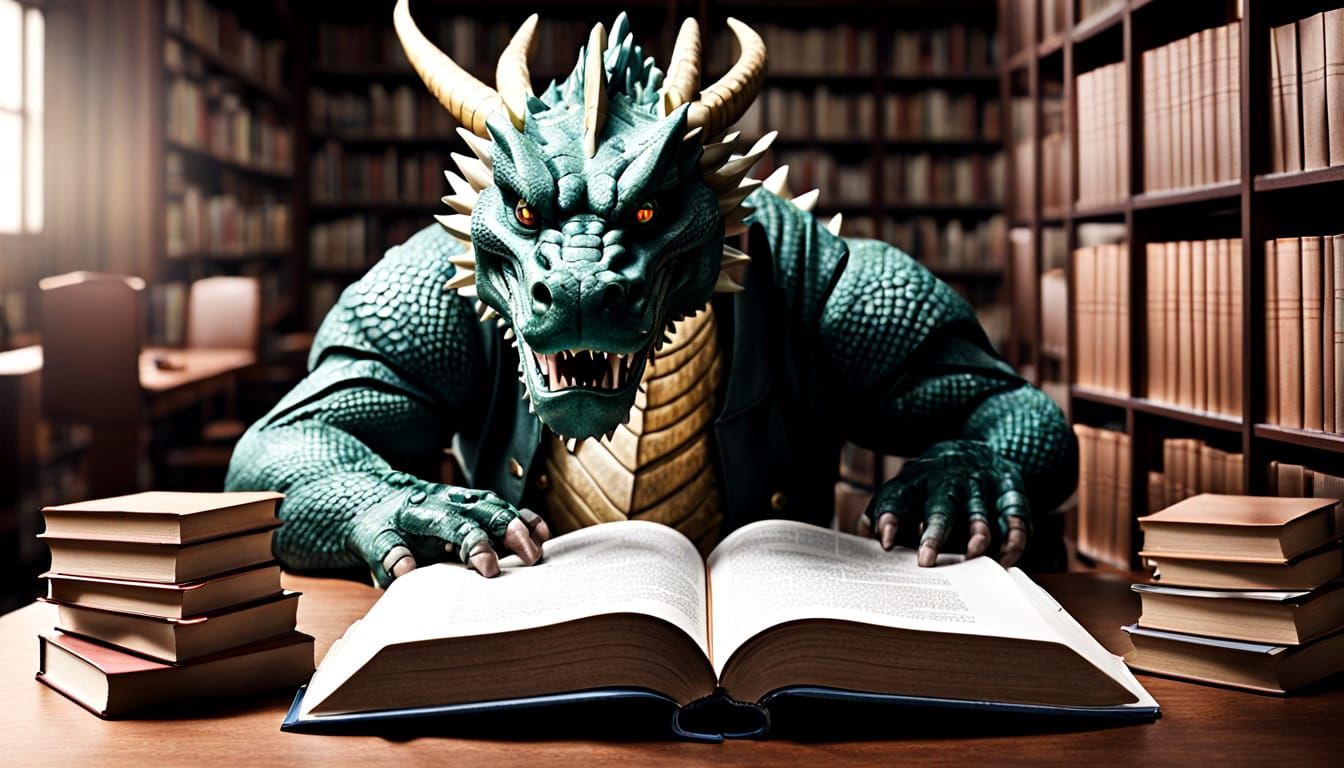 Dragon Learns from Ancient Tomes in a Mysterious Library