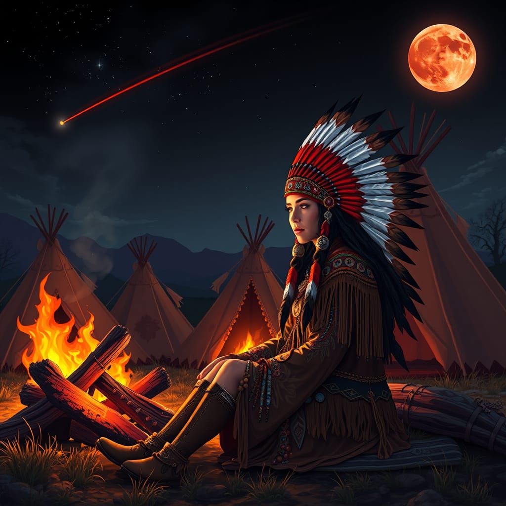 Native American Woman Under Vibrant Night Sky with Glowing C...