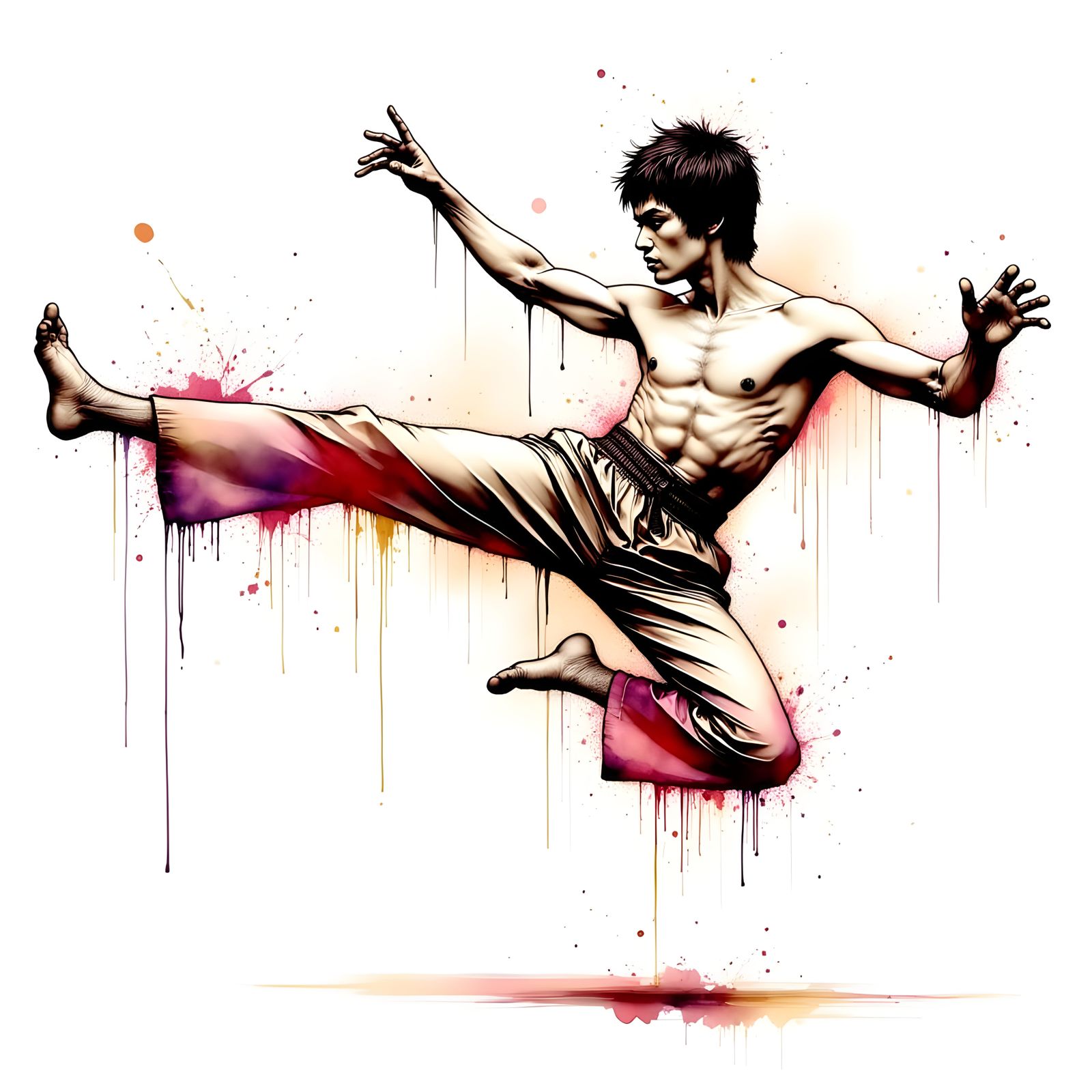 Bruce Lee in Dynamic Kick Pose, Chinese Ink Style