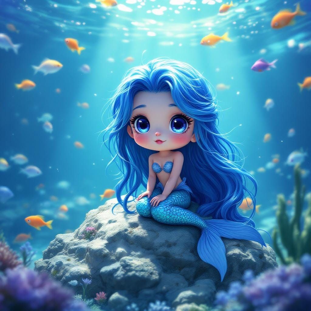 Chibi Mermaid in Sunlit Ocean, Hyperrealistic Style