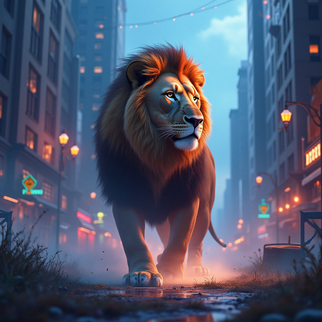 Detroit Lion in a Dreamlike Cityscape