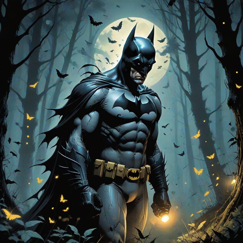 Batman in Eerie Forest with Fireflies