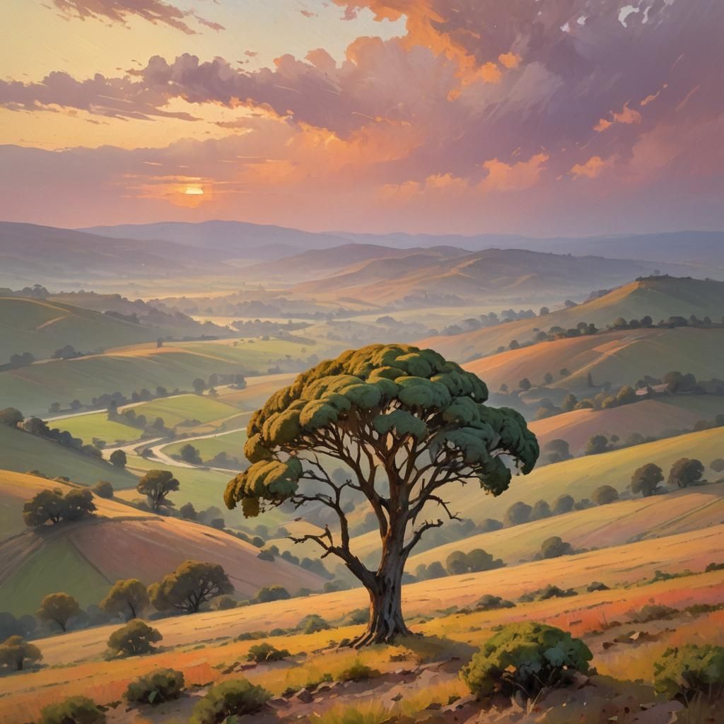 Impressionist Broccoli Tree in Golden Valley Sunset