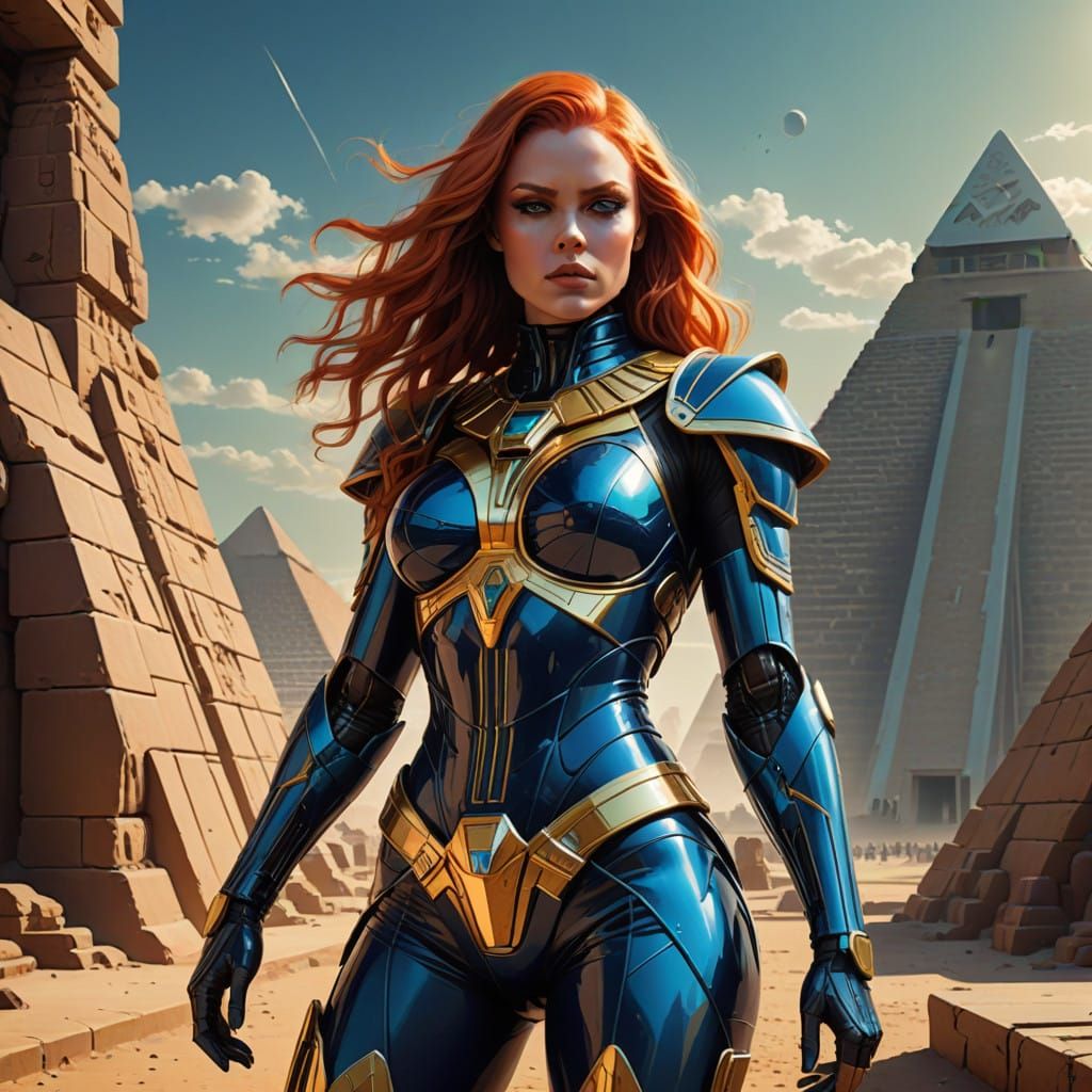 Confident Superhero Woman Leaps into Action Before Ancient E...