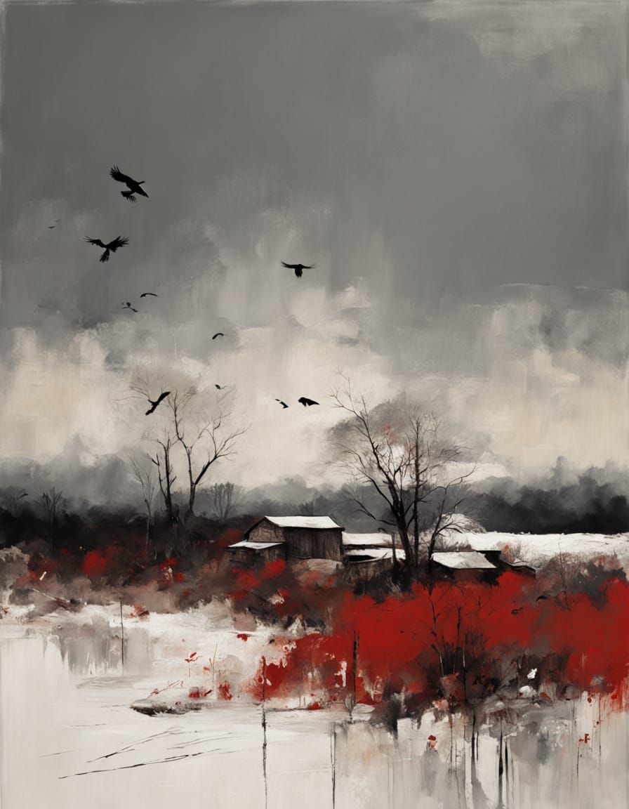 Crows in Flight: Mixed Media Winter Scene