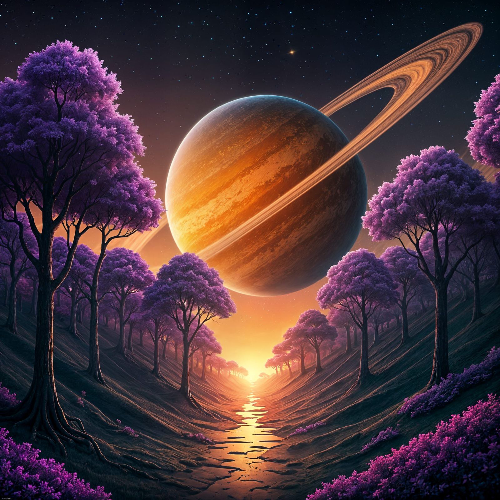 Epic Surreal Alien Road Landscape in Vibrant Purple and Oran...