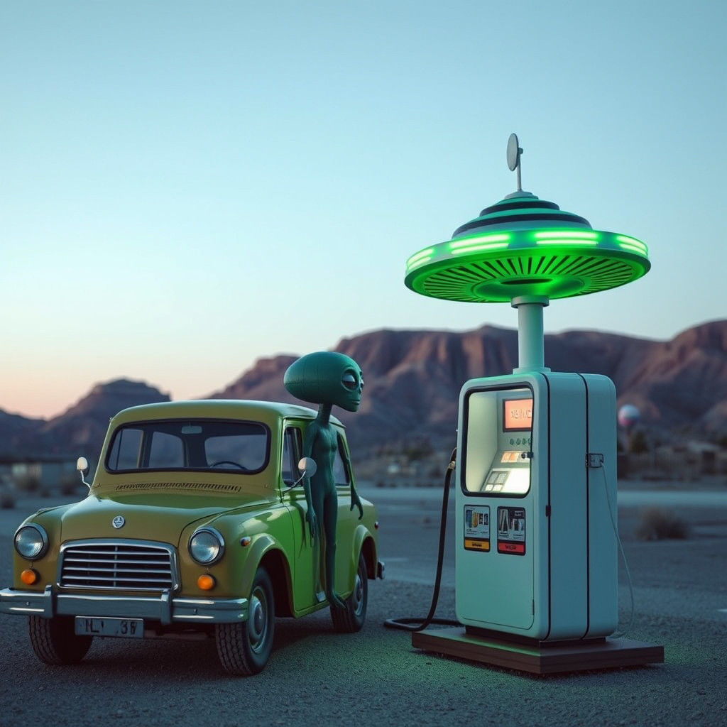 Quirky Alien Refuels UFO in Trippy Scene
