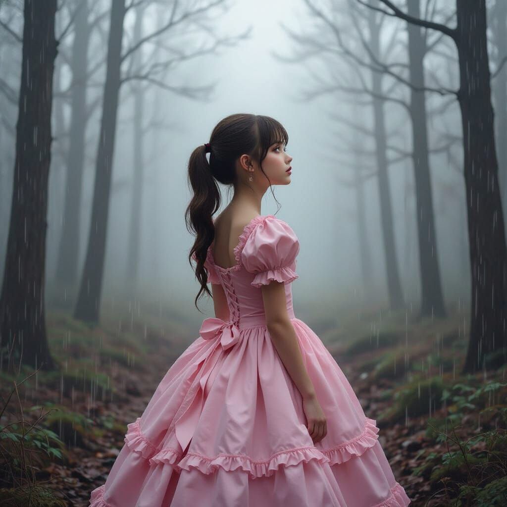 Hyper-Realistic Girl in Pink Coquette Dress Lost in Foggy Wo...