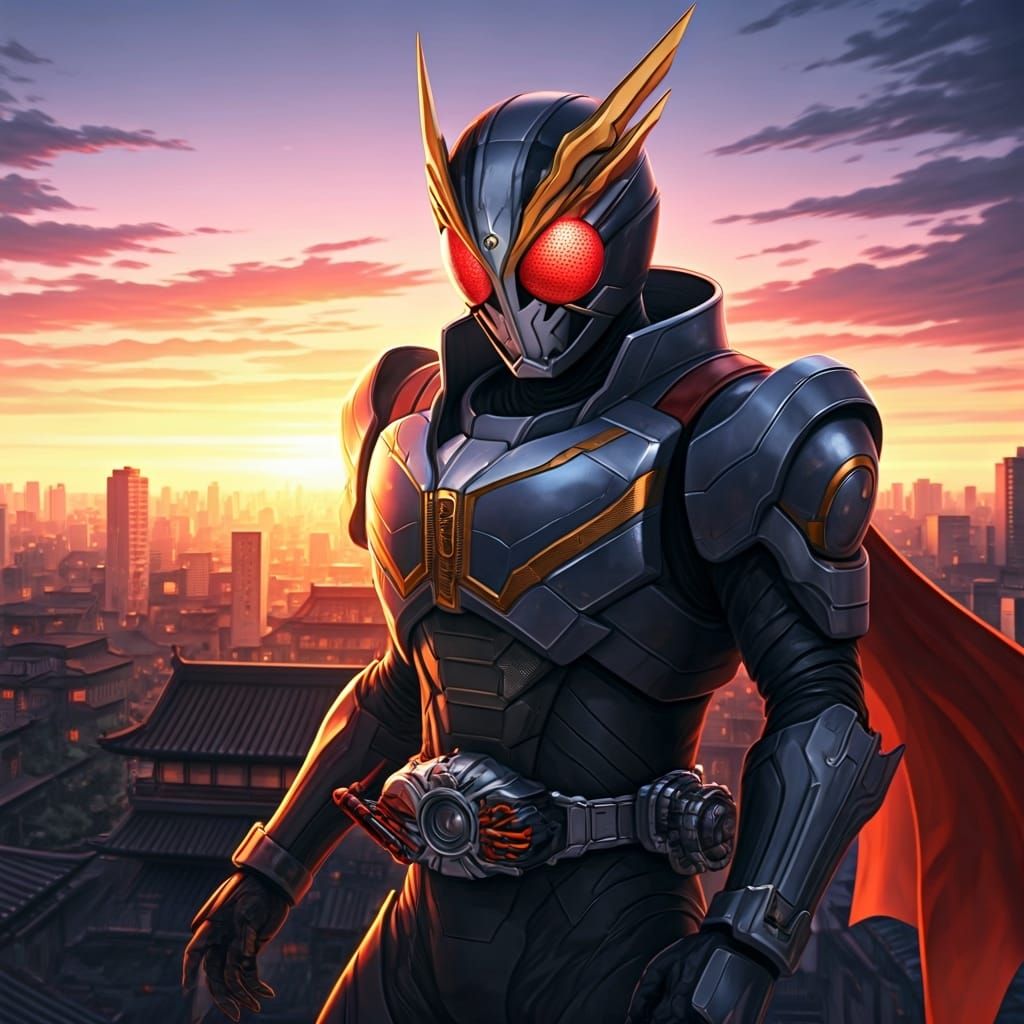 Kamen Rider in Manga Style Cityscape