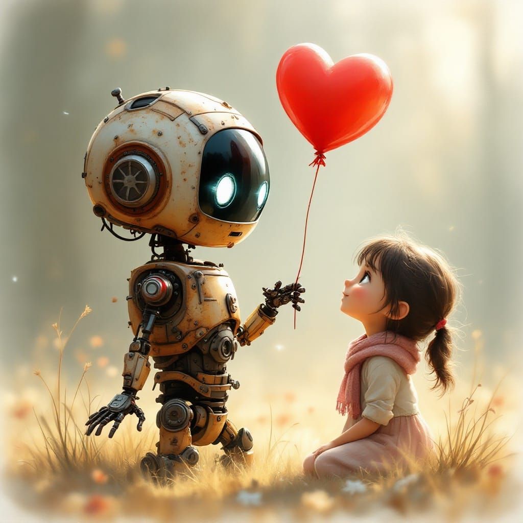 Rusty Robot's Gentle Gift in Whimsical Watercolor Style