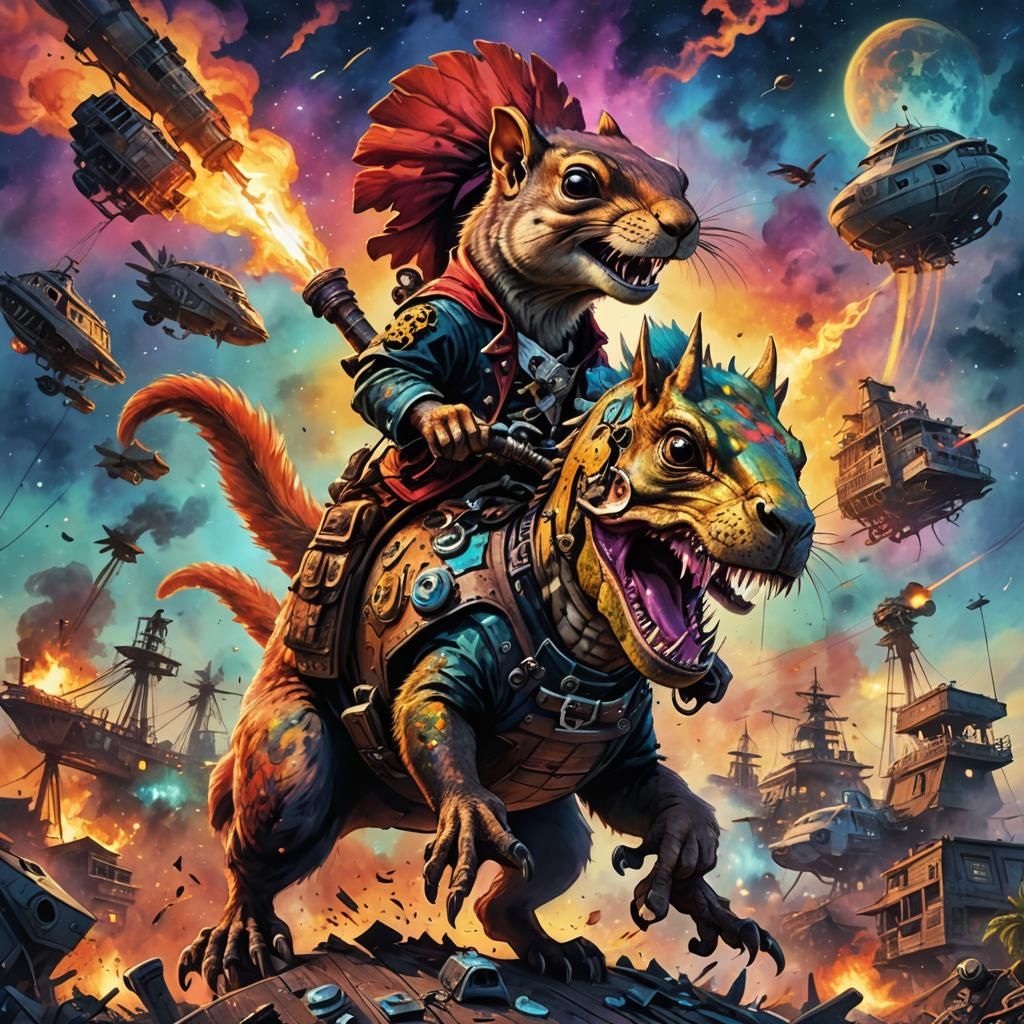 Pirate Squirrel Riding T-Rex in Burning Junkyard
