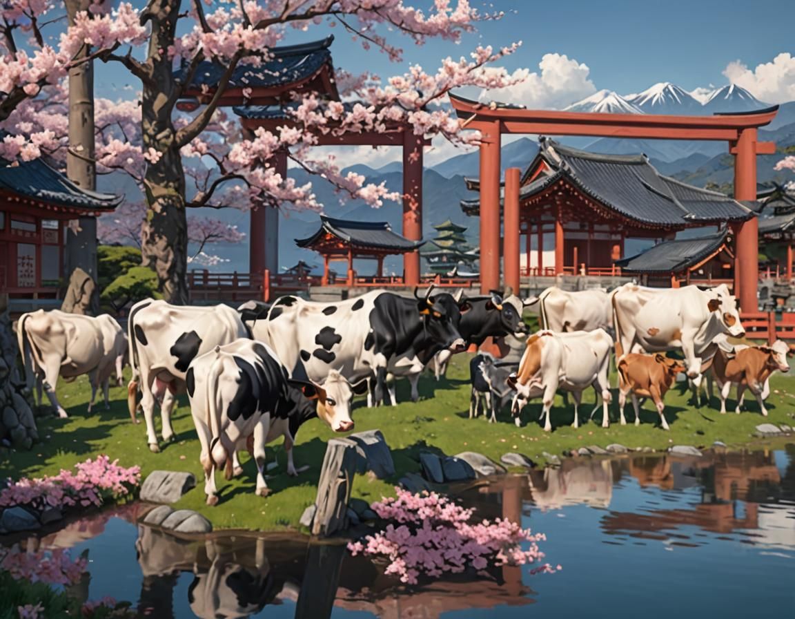 Cow Under Sakura Tree: 3D Anime Art