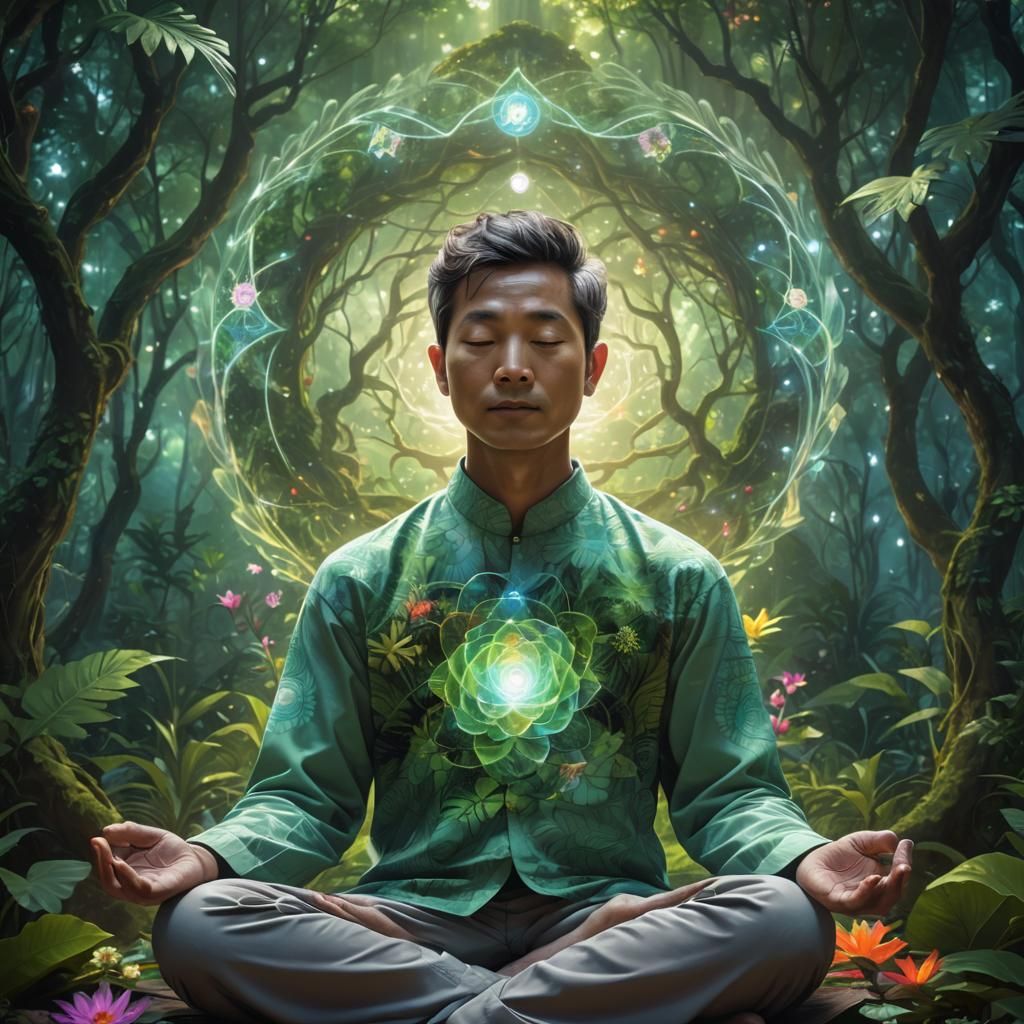 Meditating Man in Fractal Forest: A Surreal Image