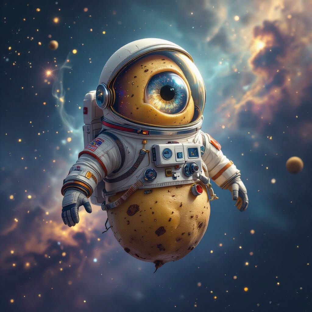 Anthropomorphic Potato Astronaut Drifts Through Cosmic Nebul...