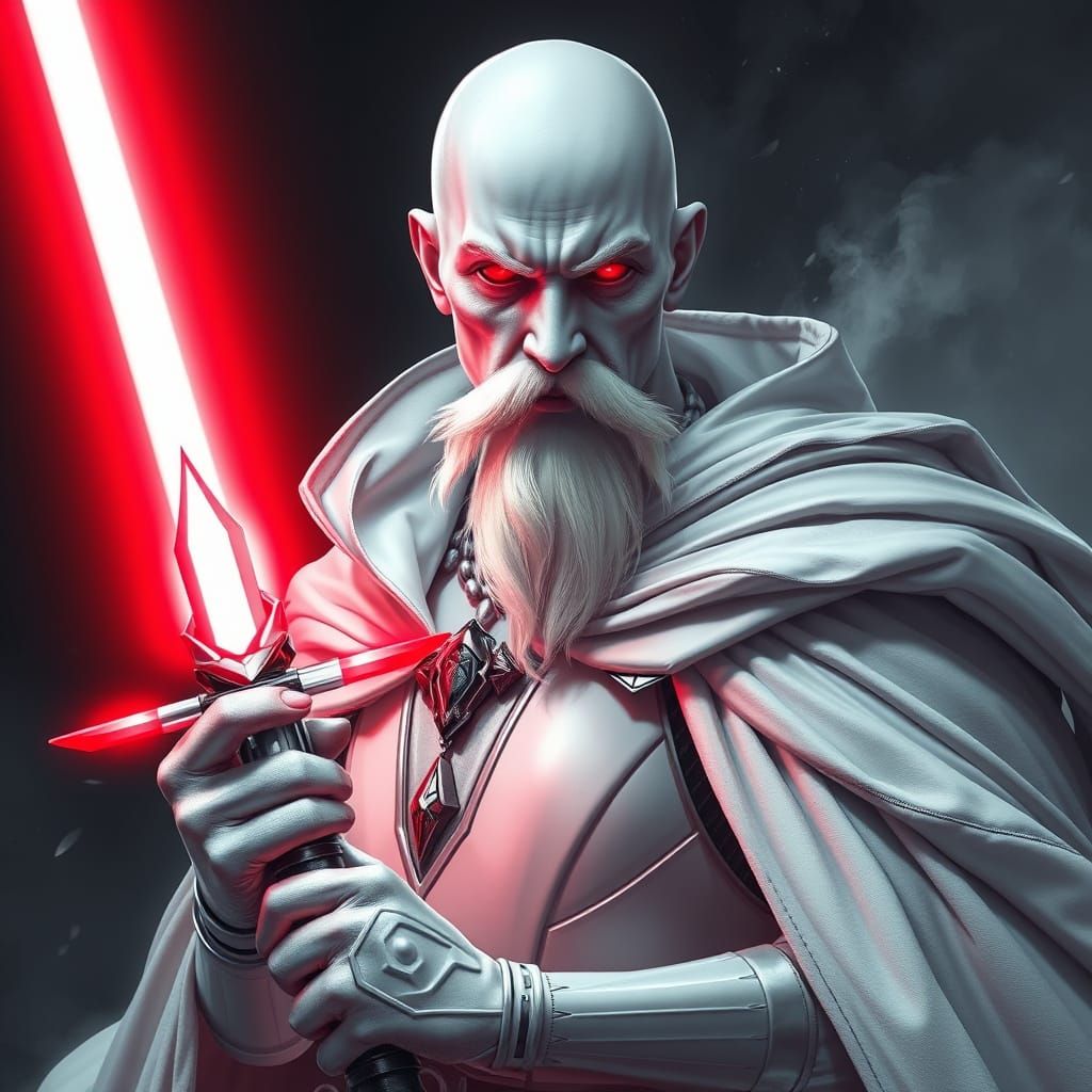 Regal Sith Lord with White Beard and Red Lightsaber