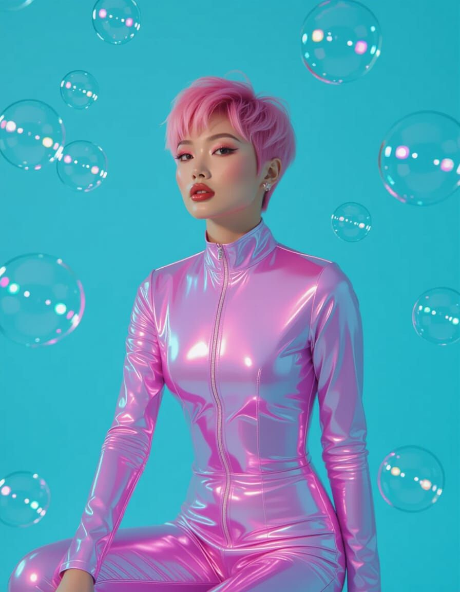 2000s Vogue Fashion: Model in PVC Catsuit with Pink Hair