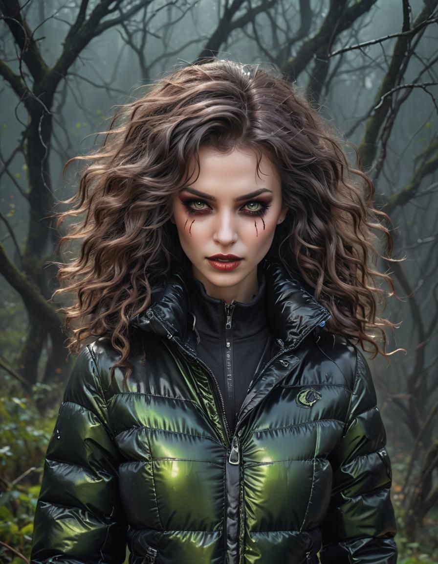 A stunning woman vampire with (visible teeth:1.1) wearing a very luxurious and beautiful black shiny nylon puffy down ja...