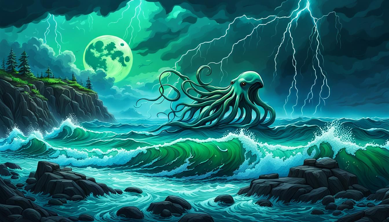 Underwater Seal Habitat with Giant Squid in a Storm