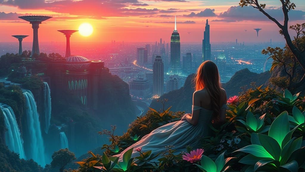 Alien World Vista with Bioluminescent Flora in Digital Matte...