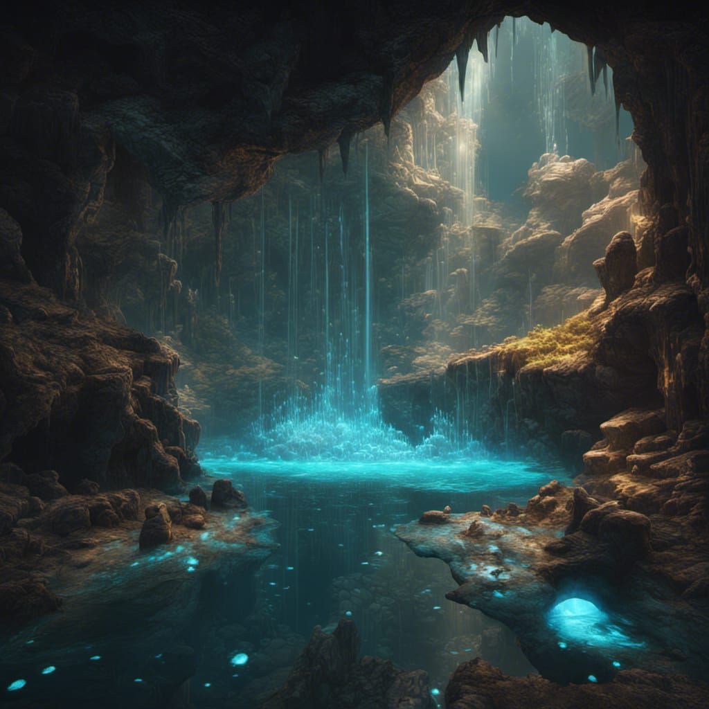 Bioluminescent Crystal Cave with Shimmering Pools