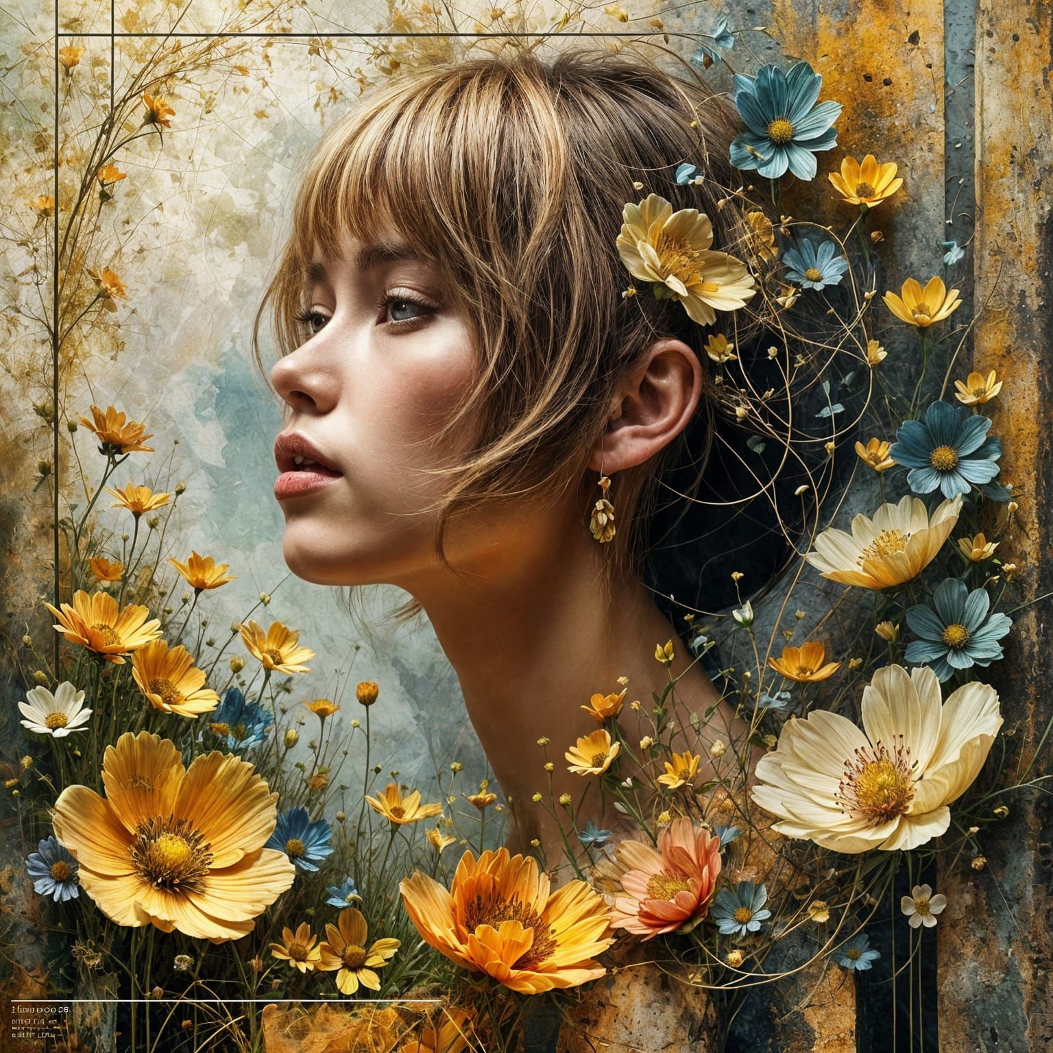 Dreamscape Portrait with Wildflowers and Musical Grids