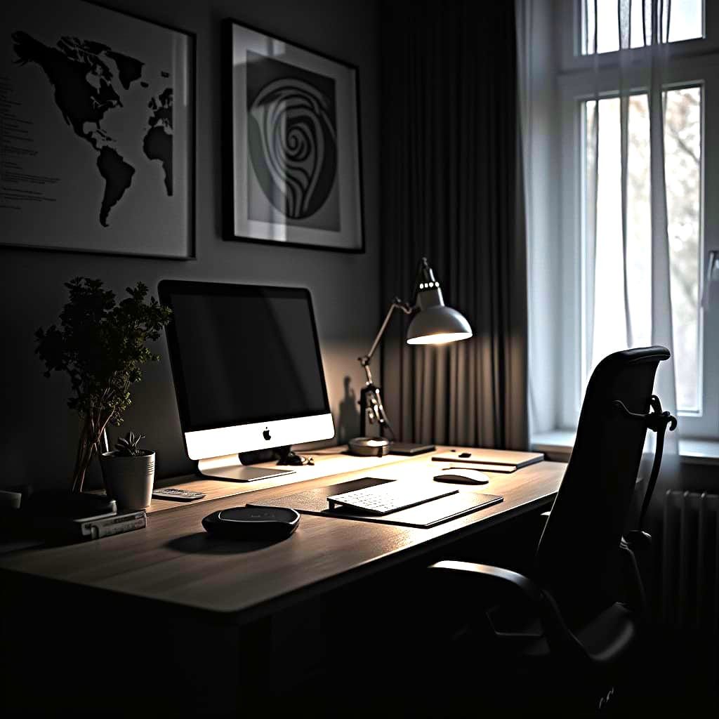 Modern Home Office Setup with MacBook and Dual Monitors