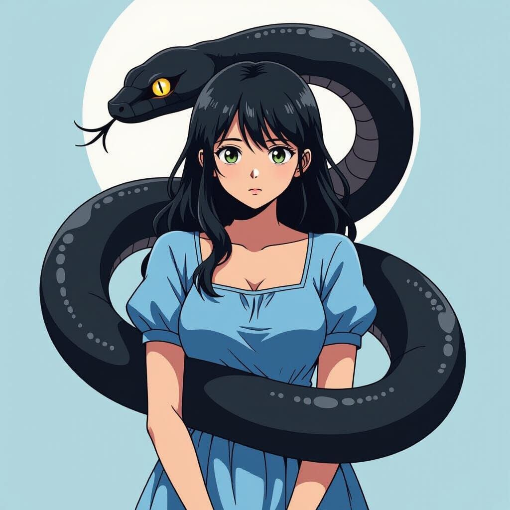 Black Snake With Gold Eyes Around Woman in Manga Style