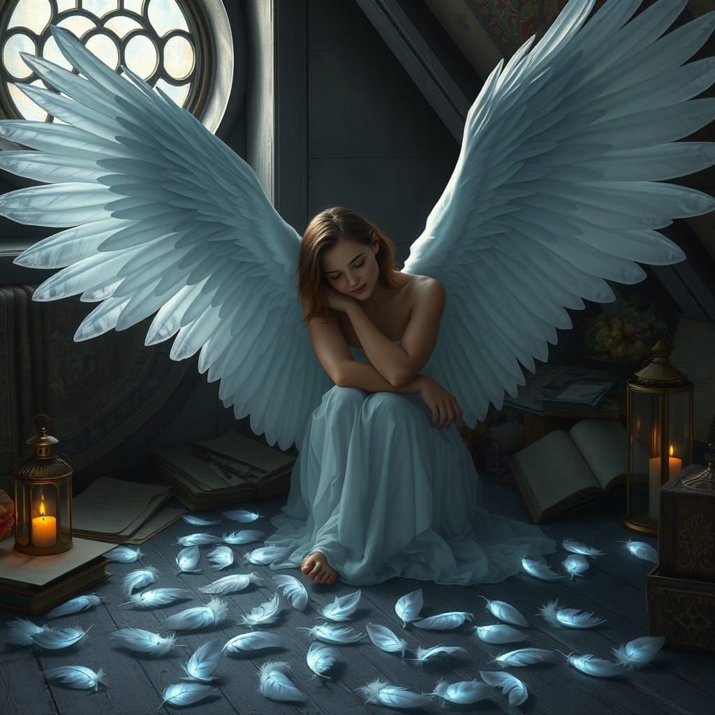 Dreamy Watercolour Scene of a Winged Woman in a Whimsical At...