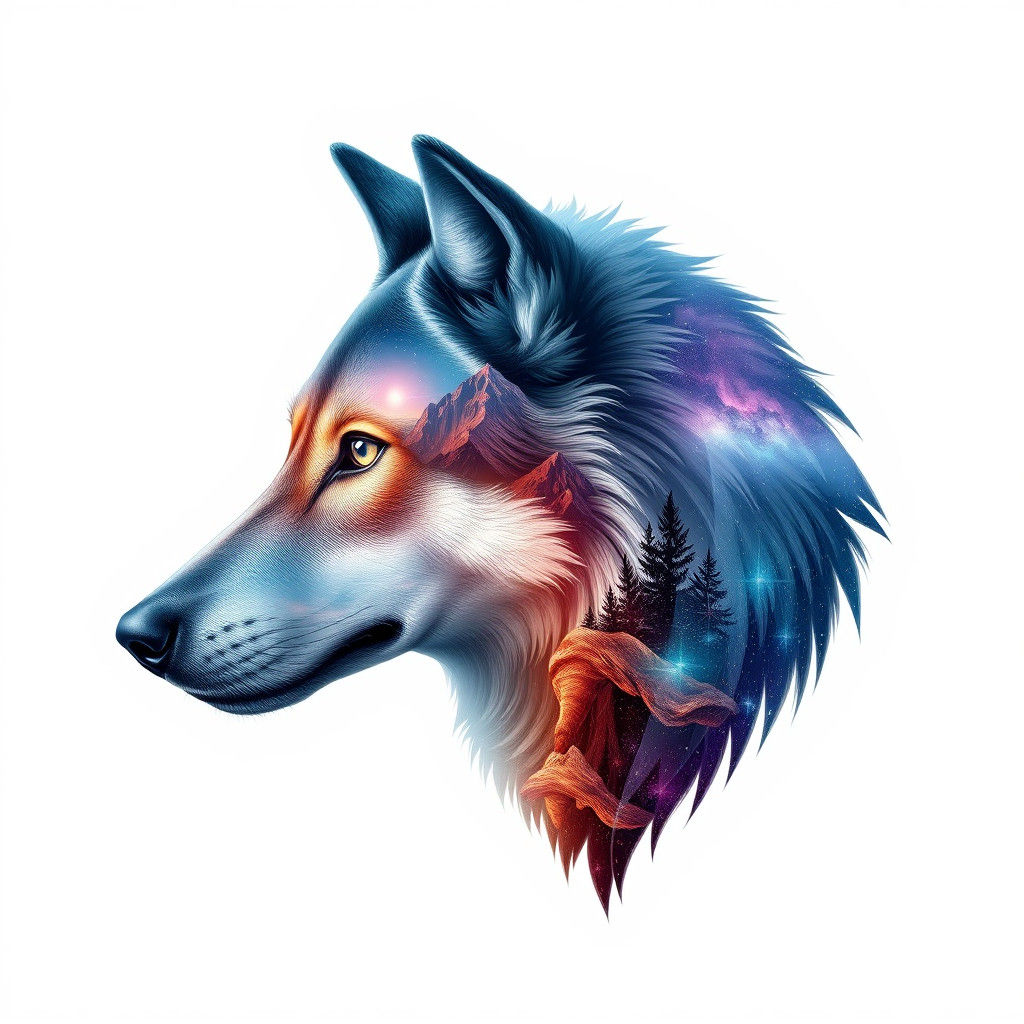 Wolf Head Landscape: Holographic Astral Illustration