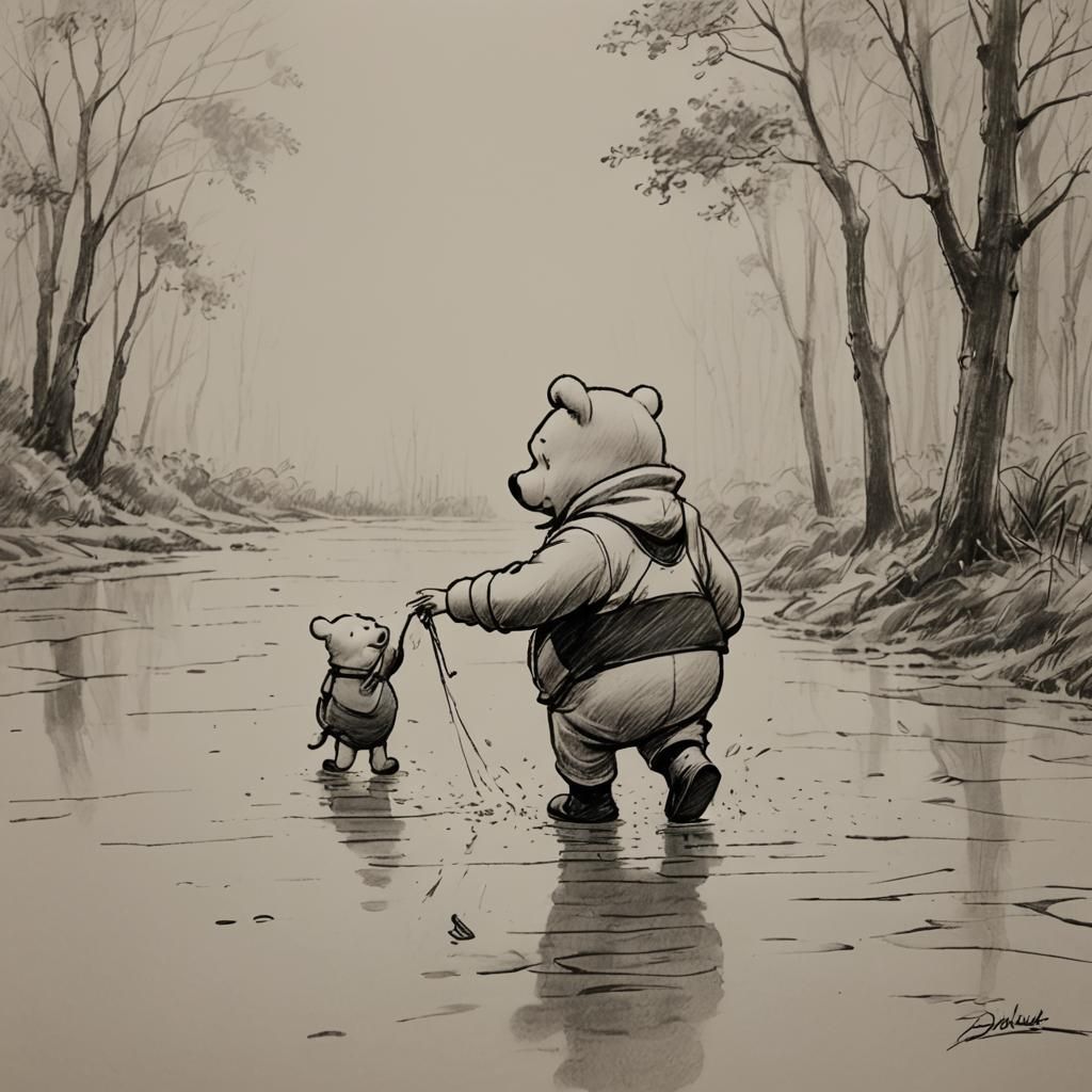 Winnie the Pooh and Piglet in the Rain