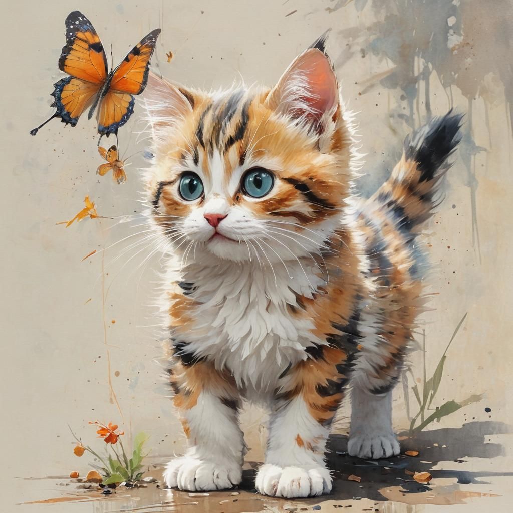 Kitten Chasing Butterfly in Ghibli Watercolor Style