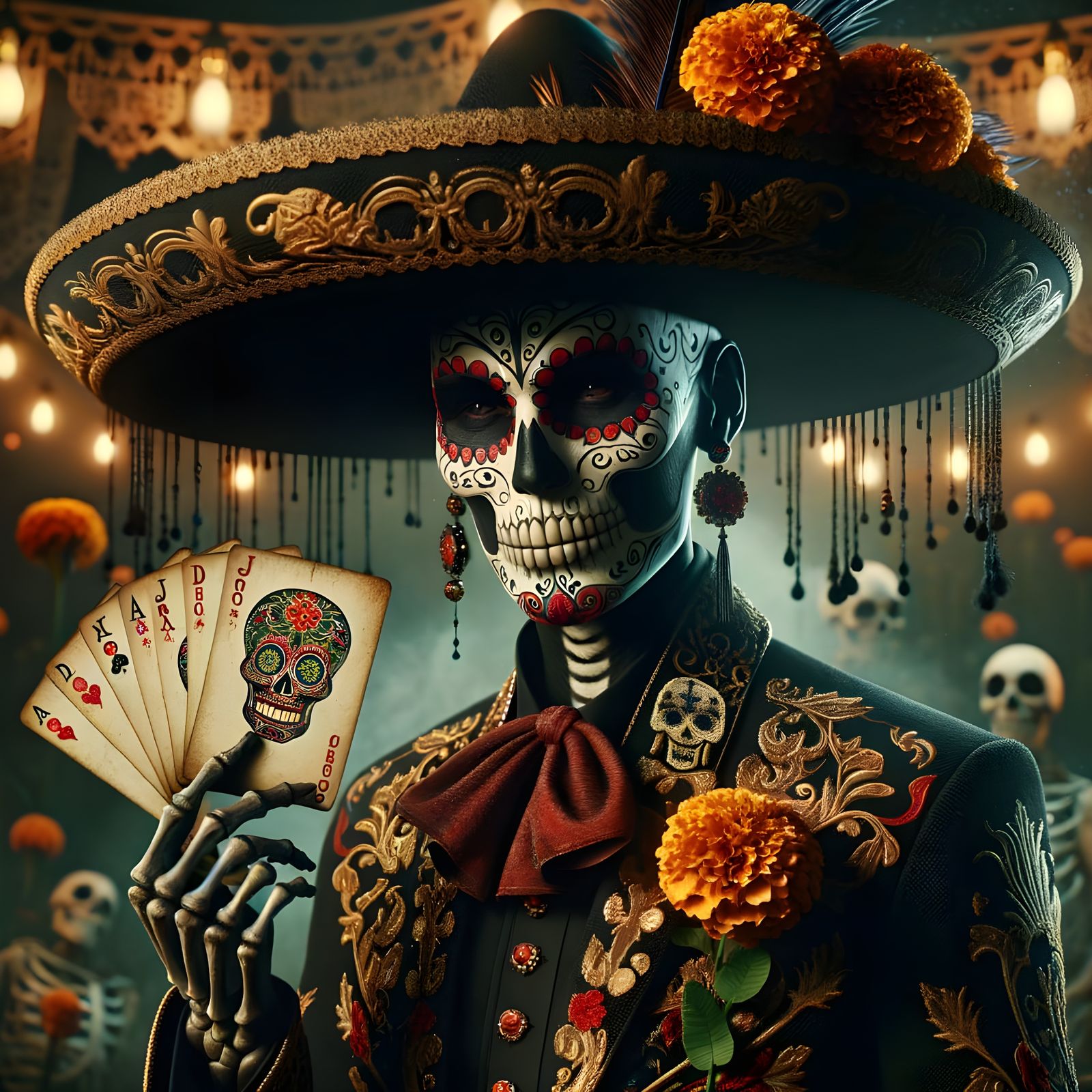 Mexican Joker Portrait in Traditional Charro Suit with Sugar...