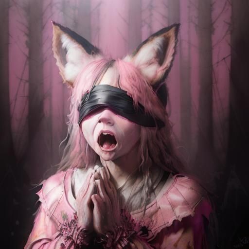 Girl with Fox Ears Praying in Dark Forest