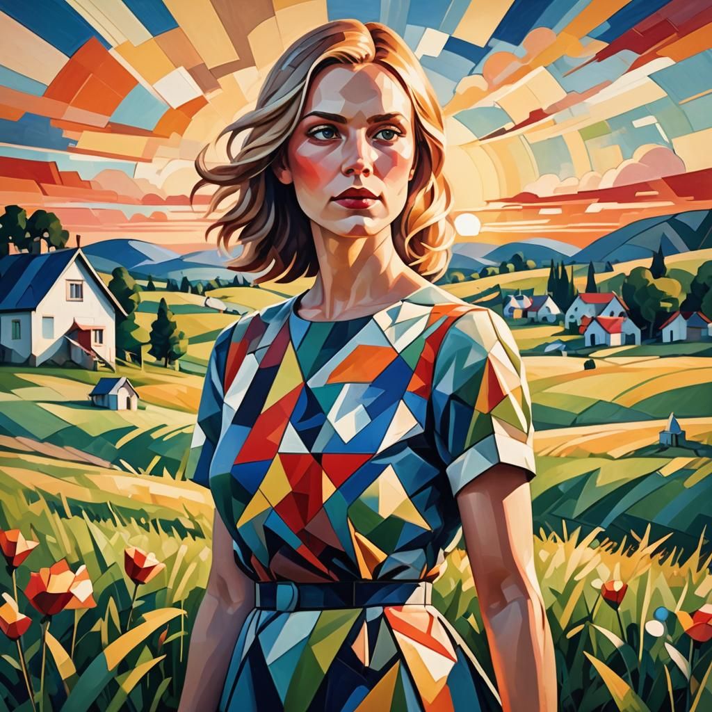 Scandinavian Woman in Summer Field: Cubist Art Deco