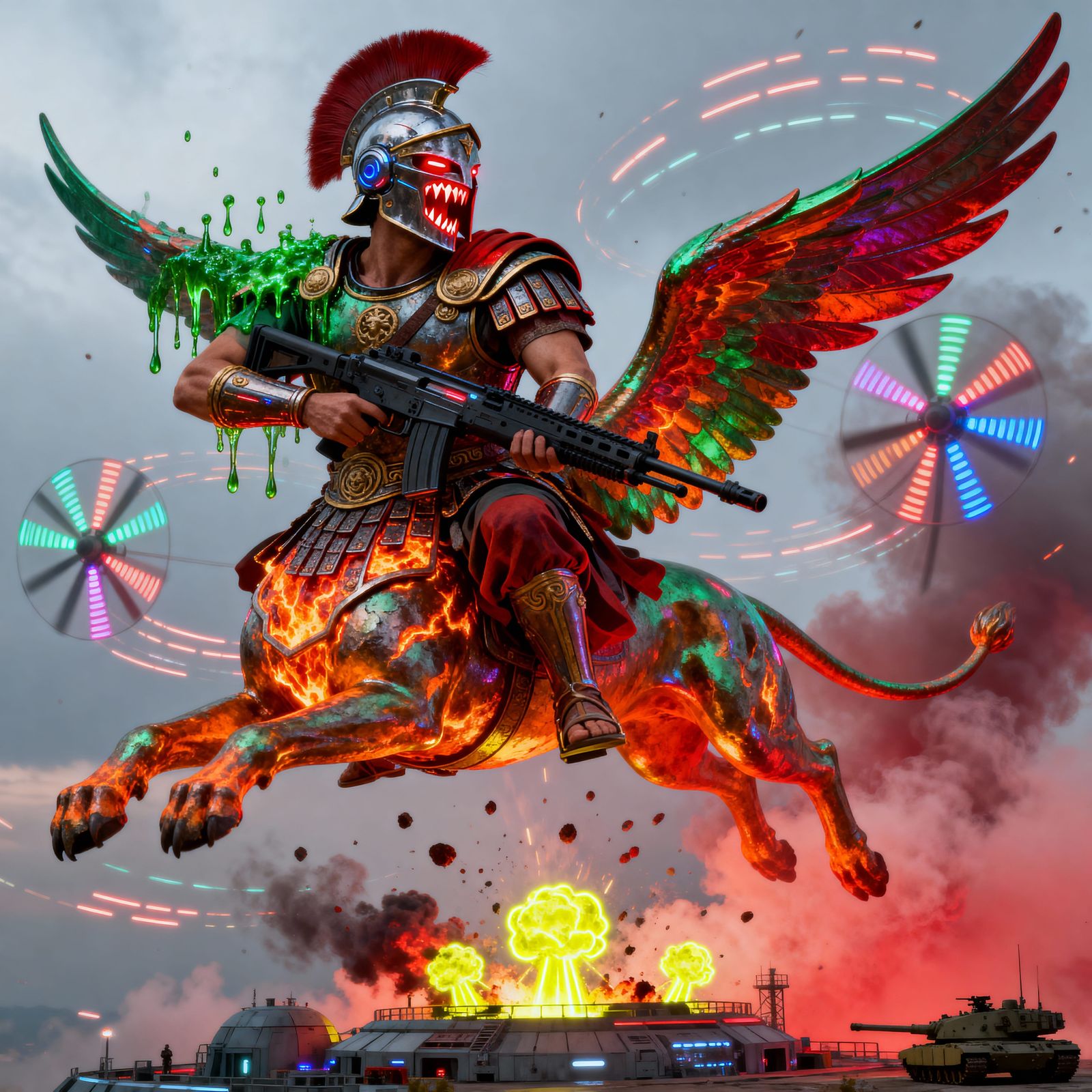 Alien Emperor on Flying Sphinx in Futuristic Battle