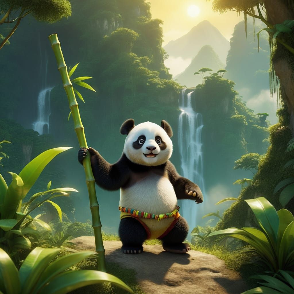 Adventurous Panda and Monkey in Vibrant Jungle Landscape