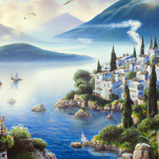 Ethereal Fantasy Greece Landscape in Kinkade Style