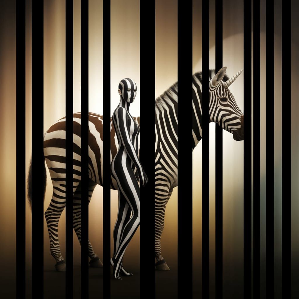 Surreal Striped Woman and Zebra Unicorn in a Grid of Black R...