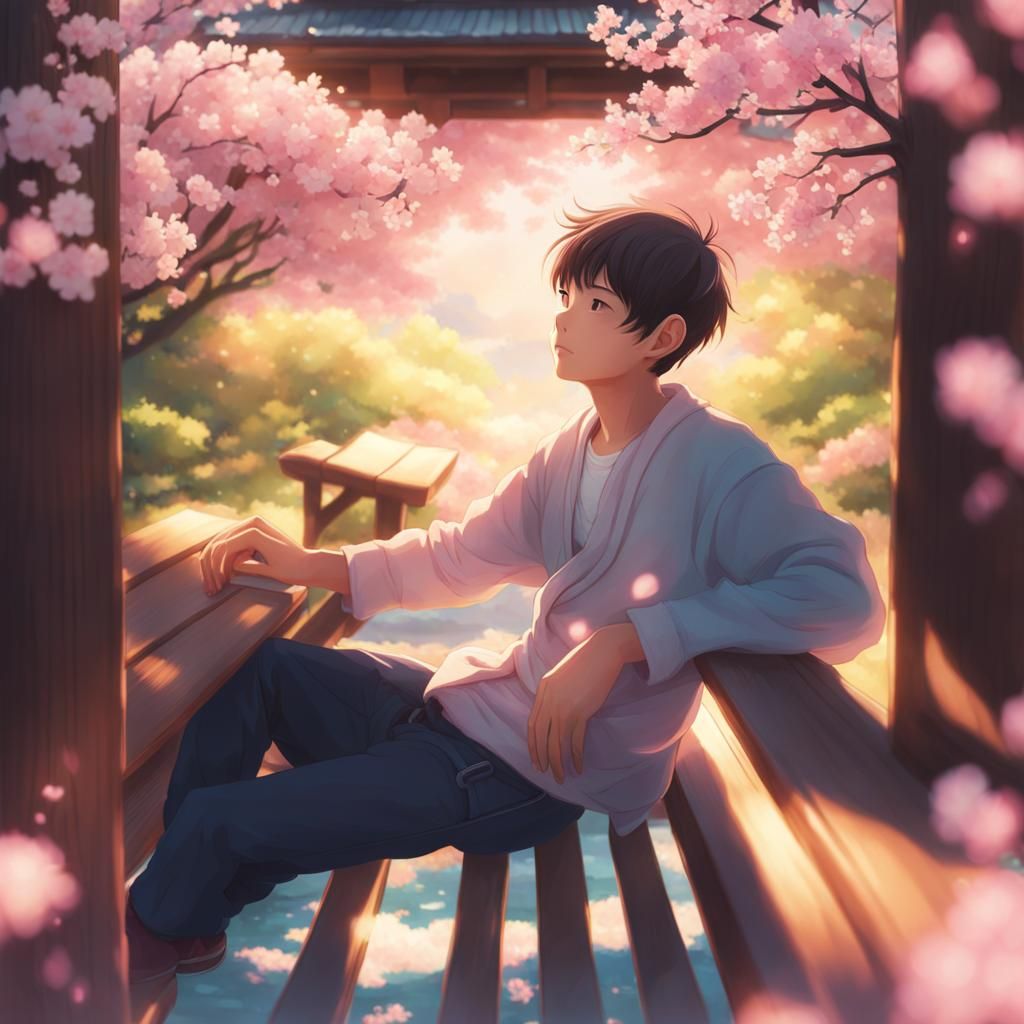 Boy in Japanese Garden with Cherry Blossoms